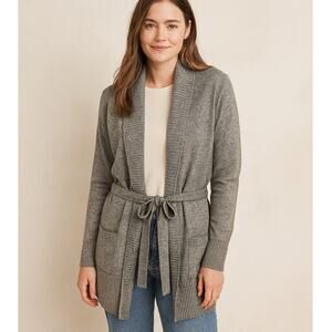 Isaac Mizrahi SZ M 100% Cashmere Sweater–Shawl Collar-Waist Tie-Pockets-Gray